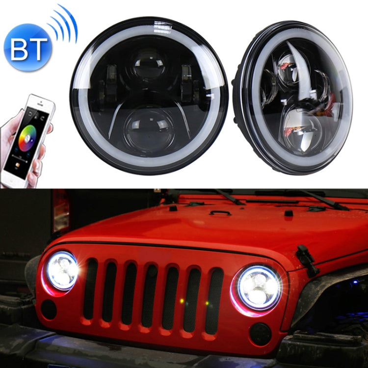 Pair of 7-inch round LED headlights glowing blue with Bluetooth icon