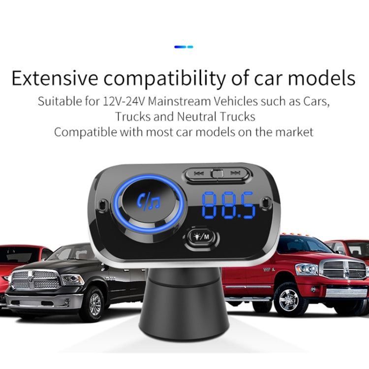 Car Bluetooth FM radio receiver with blue-ring display on dashboard-style stand
