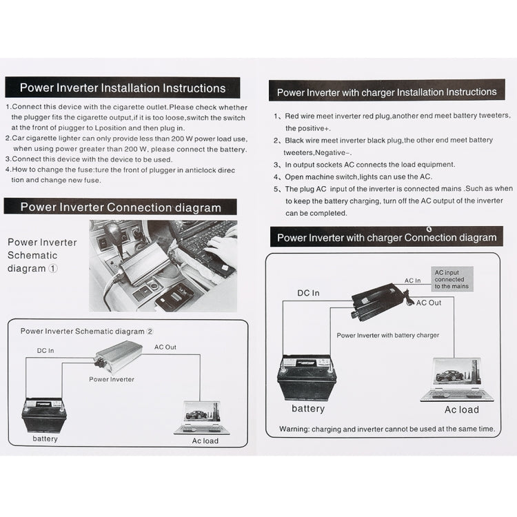 Power inverter installation instructions and connection diagram pages with schematics.