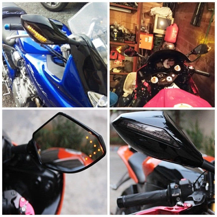 Motorcycle-mounted rearview mirror set with amber LED lights, lit on vehicle angles