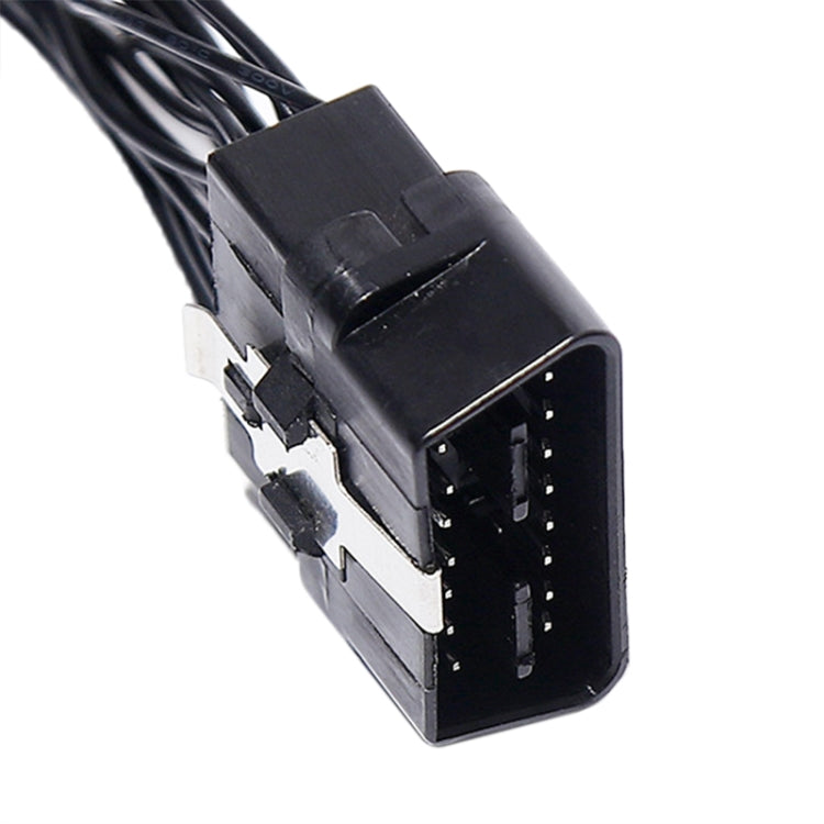 OBD2 main connector plug with latch and multiple pin openings in black housing