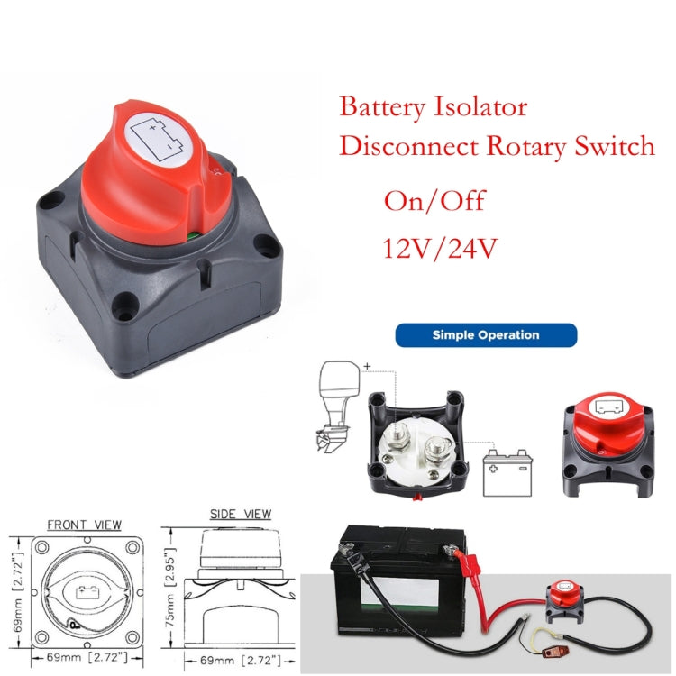 Rotary battery isolator disconnect switch with red knob and wiring schematic