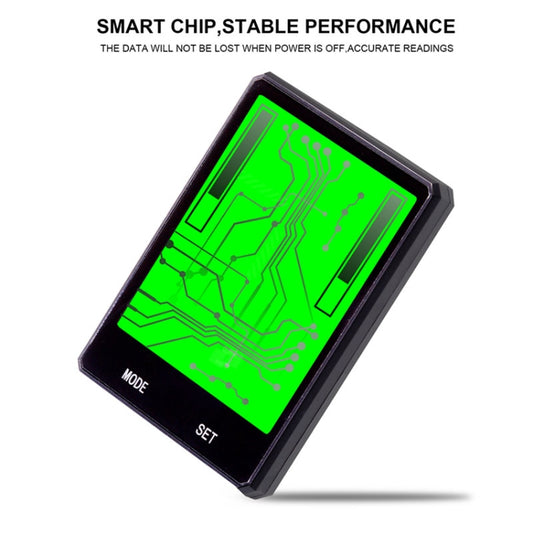 Portable bike cycle computer with angled screen and green circuit-style display