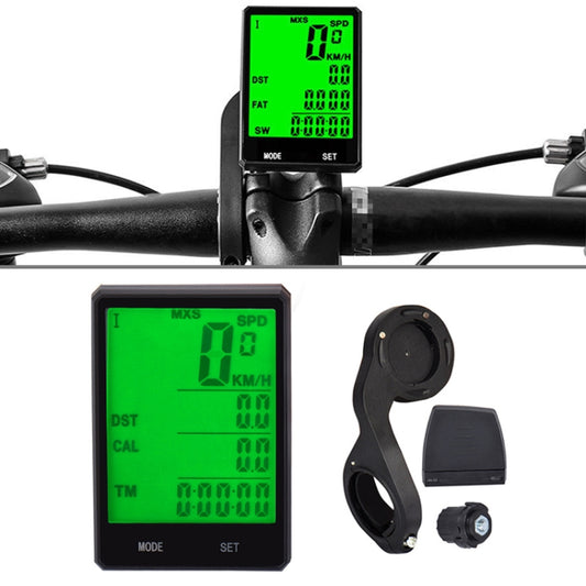 Bicycle cycle computer with black handlebar mount and green LCD speed/odometer readout