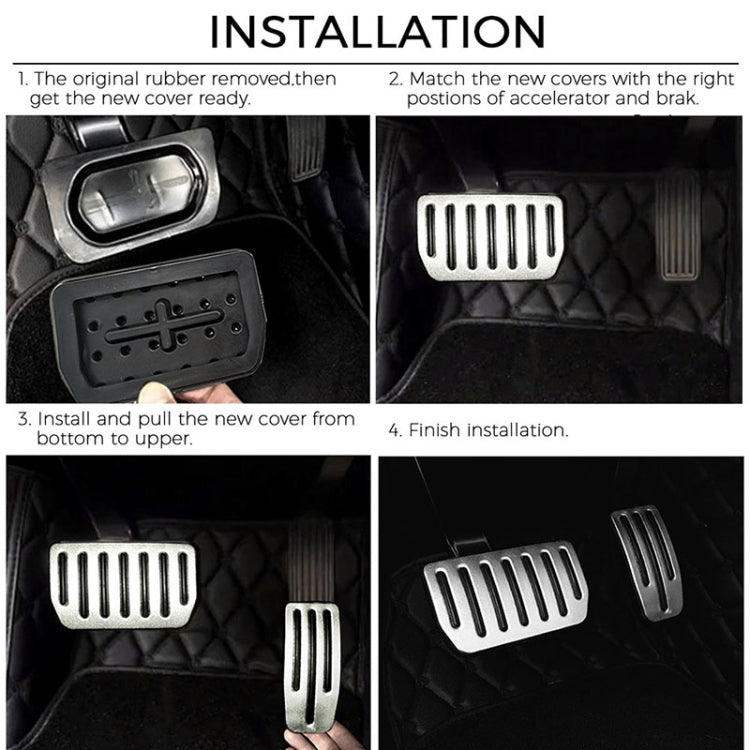 Silver pedal covers shown during step-by-step fitting for accelerator and brake