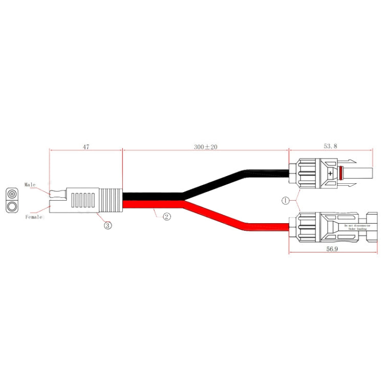 Solar connector cable diagram showing MC4 to SAE wiring and connector dimensions