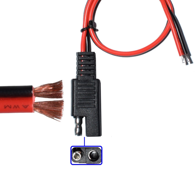 Close-up of SAE plug and stripped wire tips on red/black battery charging cable