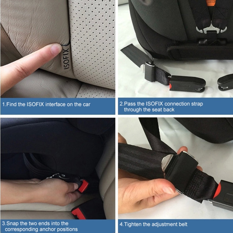 Hands routing black ISOFIX connection strap through car seat back and fastening ends.