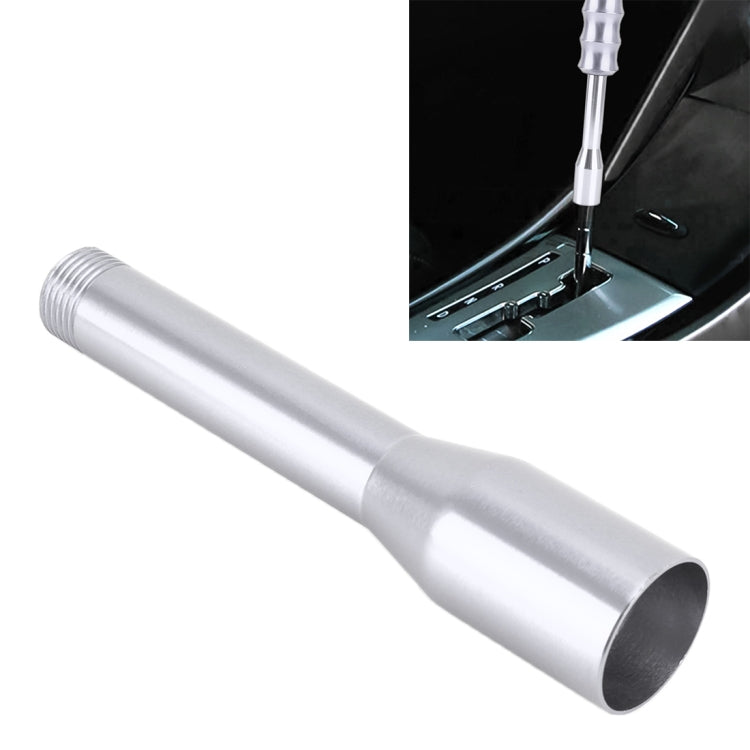 Silver gear shifter extension rod with threaded top and smooth hollow opening