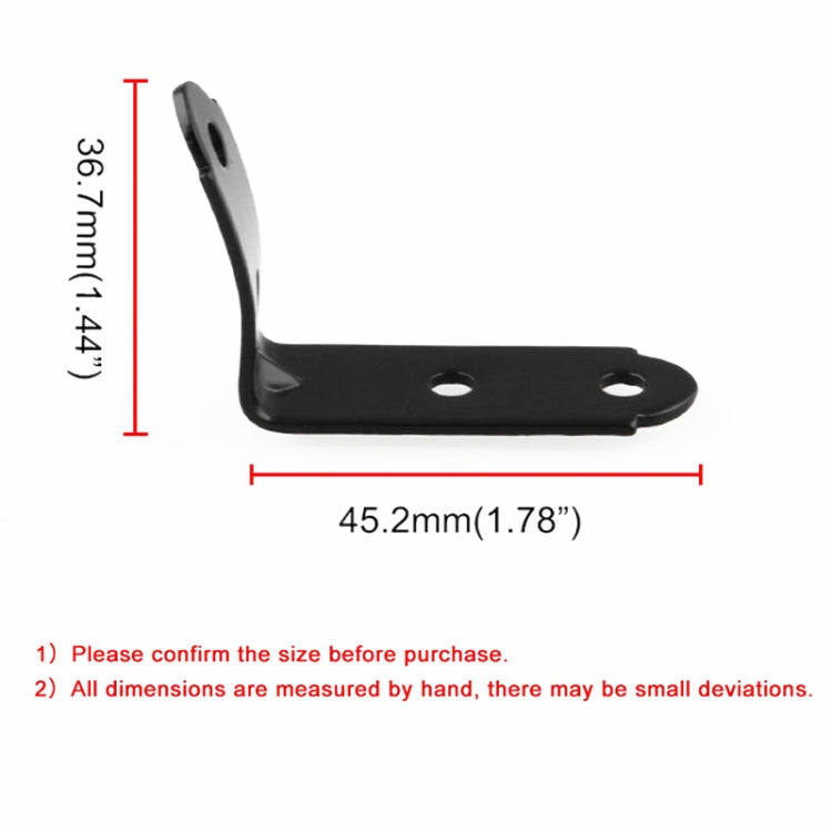 Black metal glove box hinge bracket with two mounting holes, curved arm