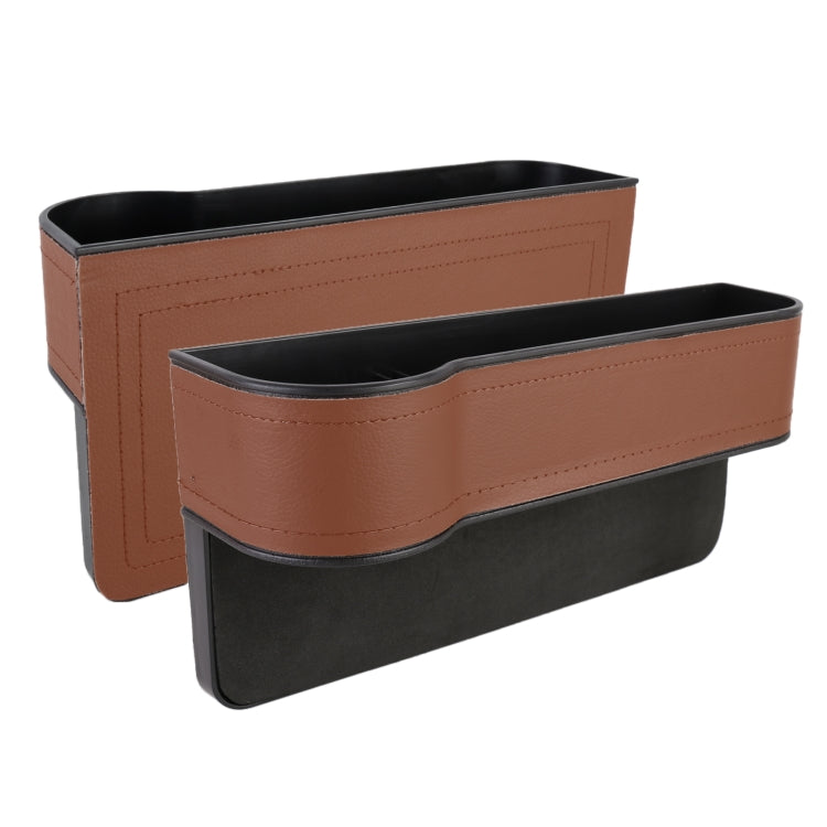 Pair of brown faux-leather car seat console storage boxes with red stitched trim