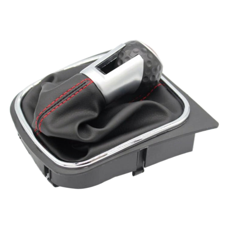 5-speed gear shift knob and boot with black leather-look cover, red stitching, silver collar