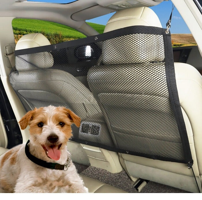 Rear seat pet safety net barrier with black mesh and straps, installed in car