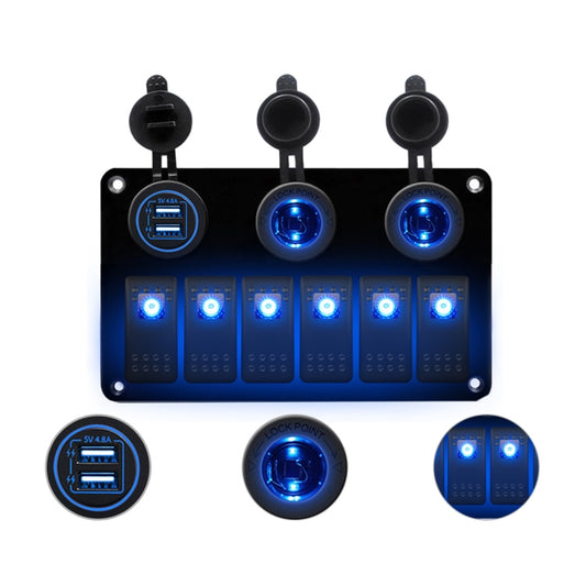 Multi-functional Combination Switch Panel 12V / 24V 6 Way Switches + Dual USB Charger for Car RV Marine Boat, 6 Way (Blue Light), 6 Way (Green Light), 6 Way (Red Light)