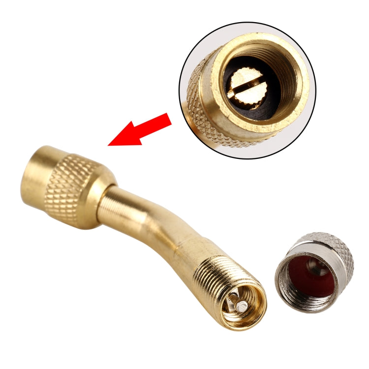Pump nozzle extension elbow, gold inlet threads with close-up of valve opening