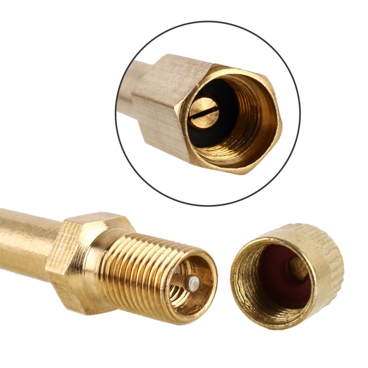 Tire valve extension tube ends with internal threads and nozzle opening, copper-colored.