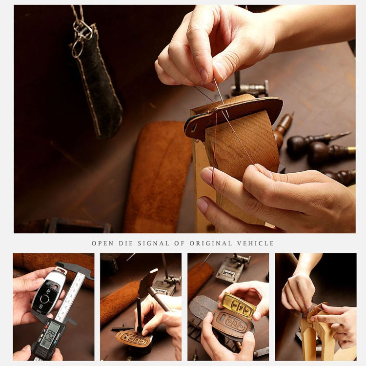 Brown leather key fob cover shown in use, hands fitting the key remote inside