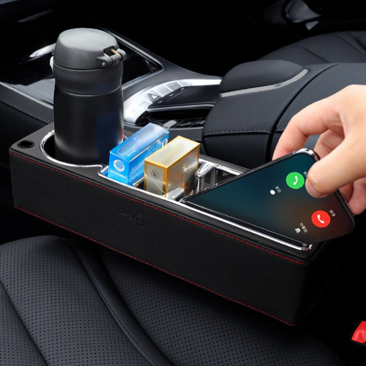 Black PU leather car console organizer with cup holders and side compartment for cards