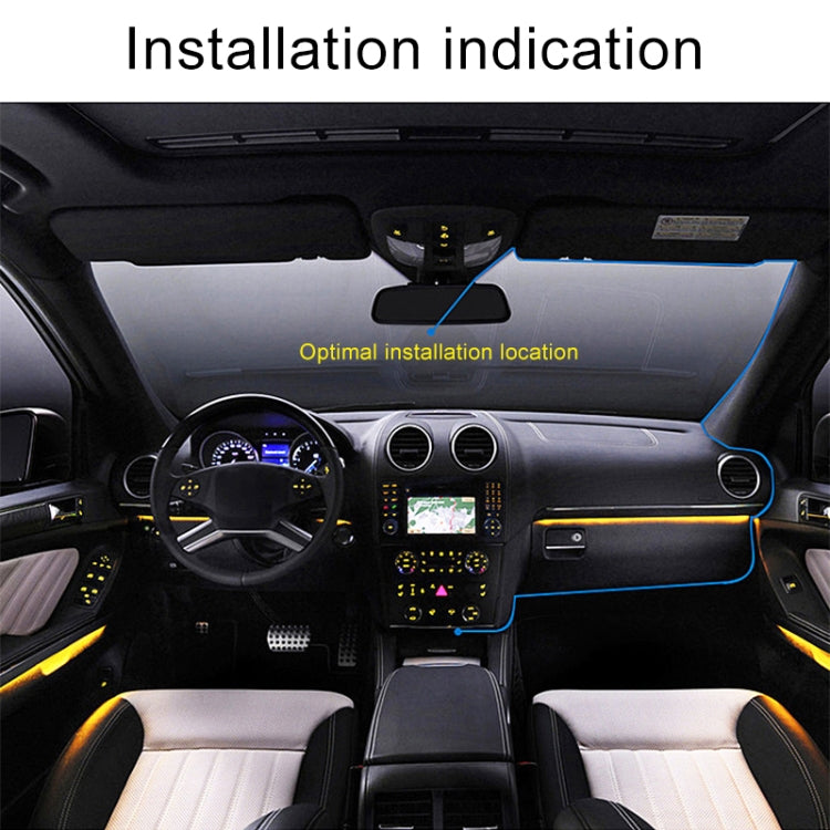 Car dash cam installation view showing windshield placement with indicators
