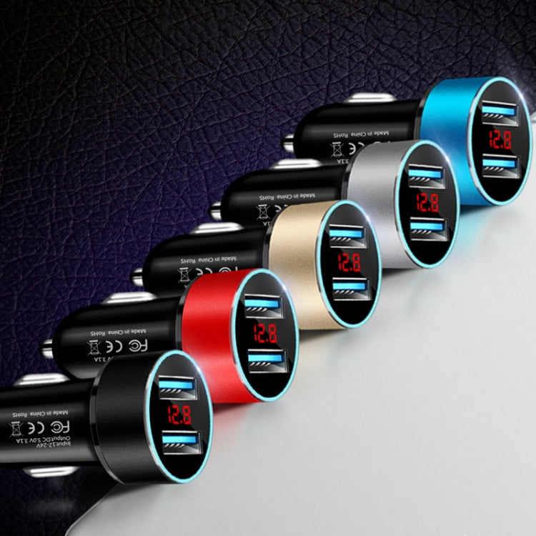 Car dual USB charger with LED display, dual ports shown in blue, silver, red