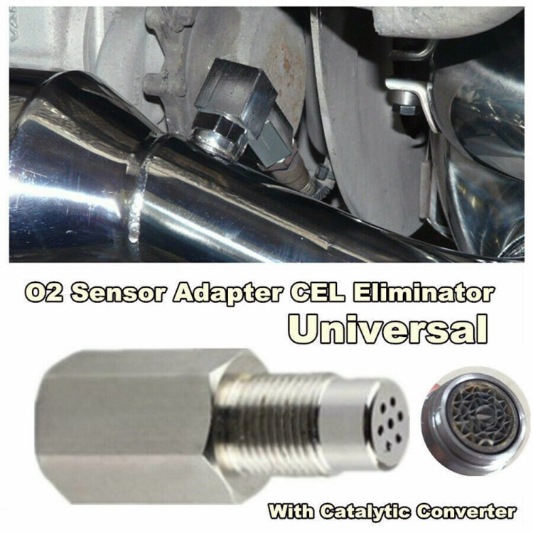 Oxygen sensor adapter spacer bung with catalytic mesh insert and threaded outlet