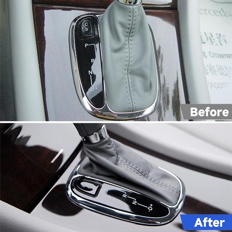 Installed chrome gear lever plating frame around the shift controls, before/after shown.