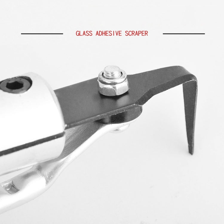 Windshield glass scraper tool with metal hook blade and hex bolt bracket
