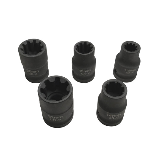5-piece brake caliper socket set with dark CR-V sockets, marked 11.5–22mm