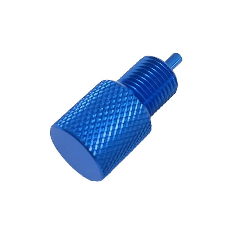 Blue knurled handle end on brake bleeder tool with threaded section and side pin