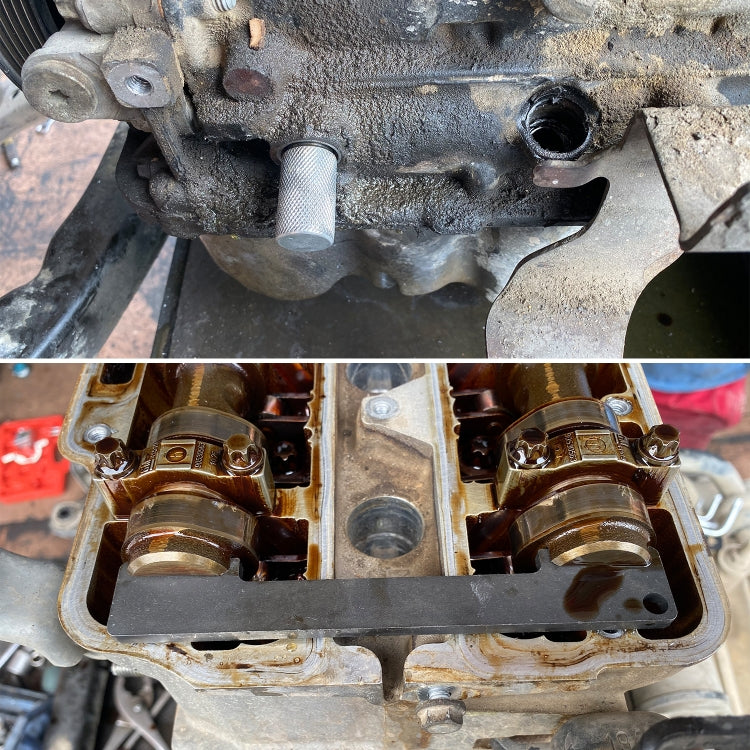 Close view of turbo engine with timing-related parts exposed and spark plug area visible