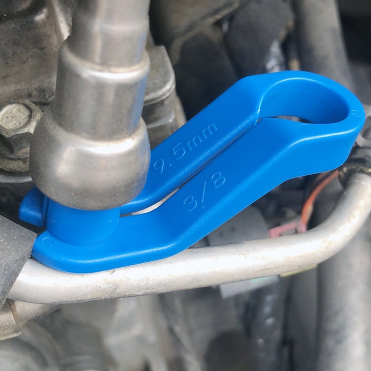 Blue fuel line disconnect tool with "5mm" marking on the angled handle