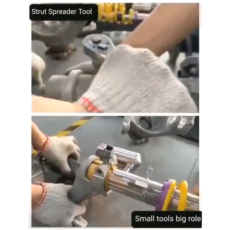 Strut spreader tool bit being used with a suspension strut assembly