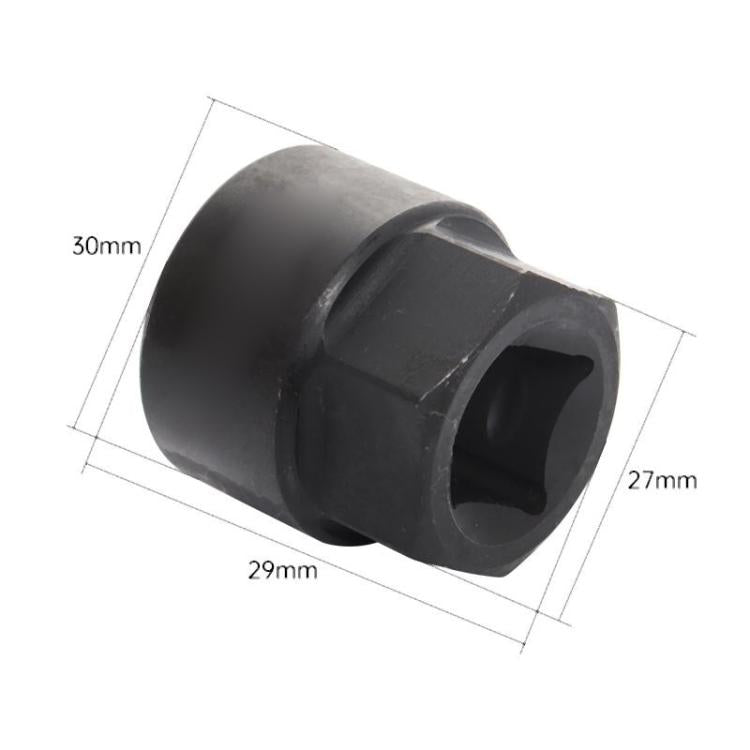 Black cylindrical socket tool with internal drive opening and size labels