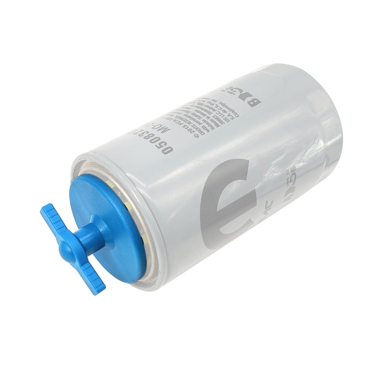 Blue oil filter plug cap removal tool mounted on white cylindrical housing