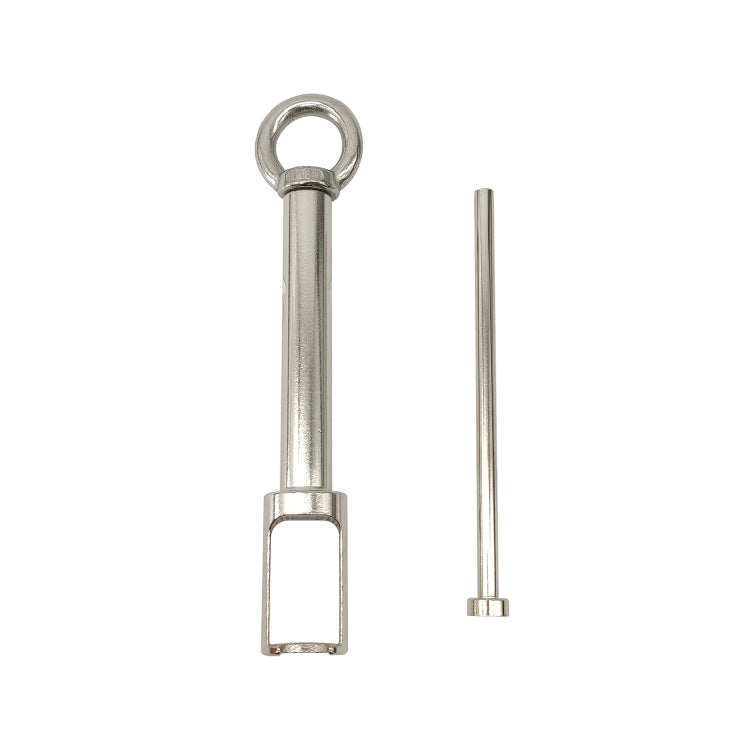 Gasoline nozzle remover tool showing ring handle and release pin