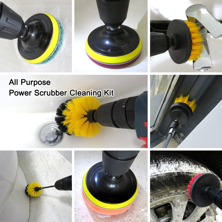 Power scrub kit attachments showing yellow bristle brush and round pad