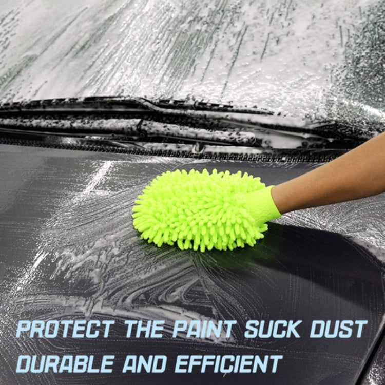 Neon green microfiber mitt pressed on a car hood for dust and grime cleaning