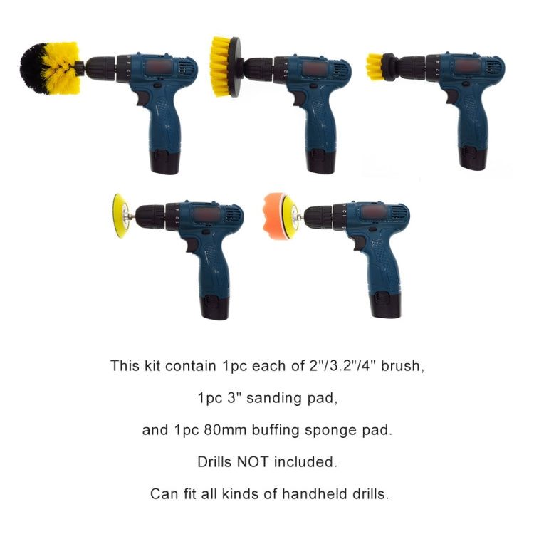 Drill accessory brush kit with yellow bristles, sanding discs, and buffing sponge pad