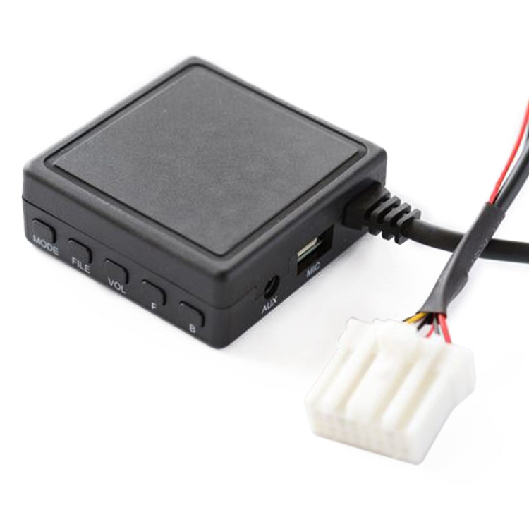 Car audio AUX Bluetooth adapter with front controls, AUX port, and wiring plug