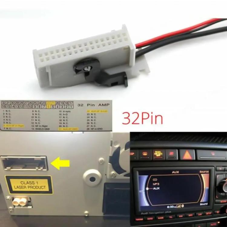 32-pin AMP connector cable with wire harness shown alongside AUX dashboard screen