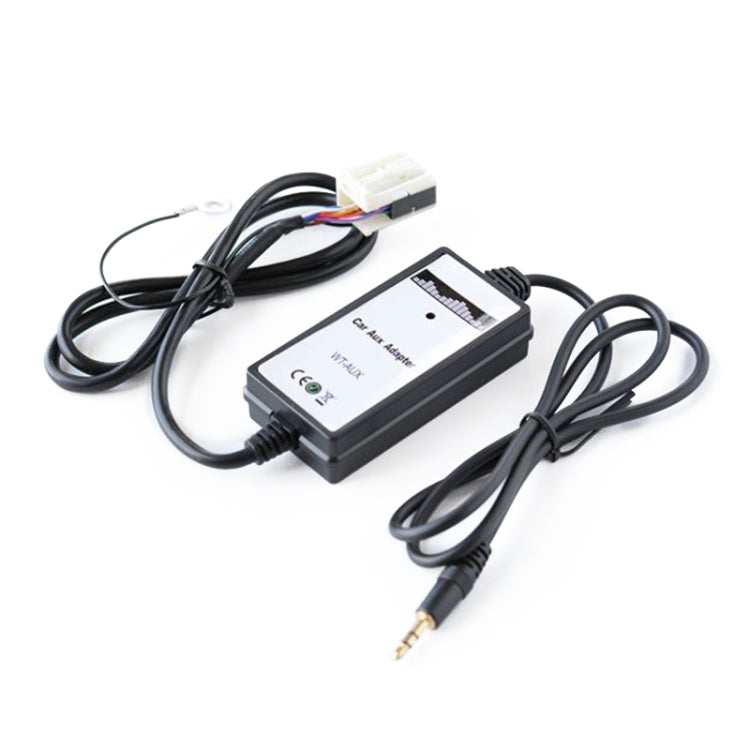 Car AUX audio adapter box with 3.5mm plug and multi-wire harness, black
