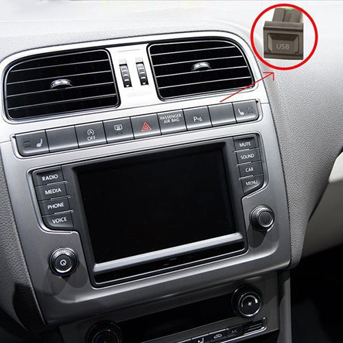 Installed USB port in car center console trim, USB icon on dark panel