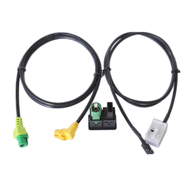 Car AUX USB switch holder harness with switch module, green adapter, yellow AUX plug, white port