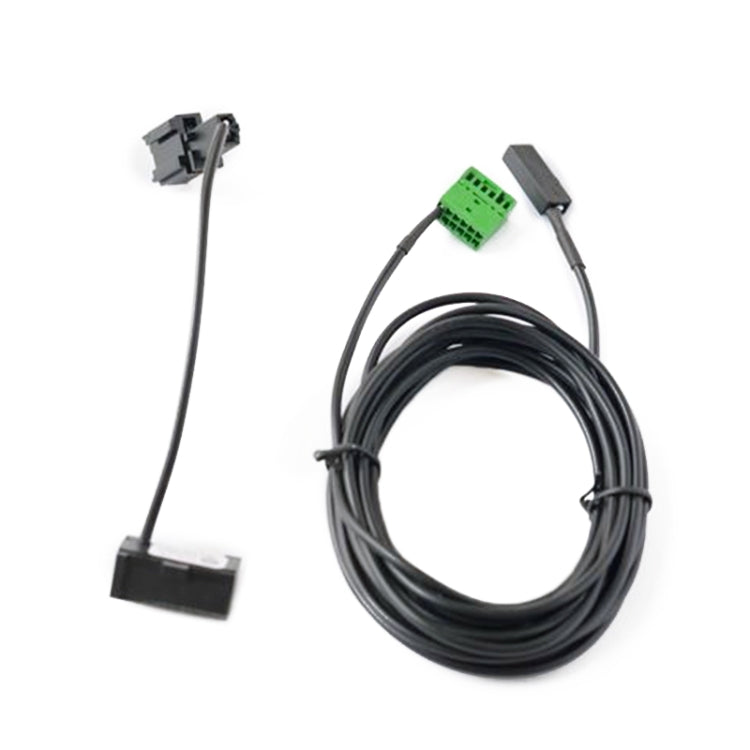 Bluetooth phone audio cable with long leads, coiled black wire, and green terminal connector
