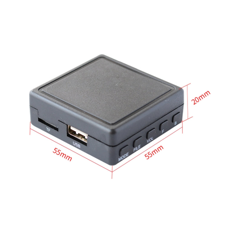 Car AUX Bluetooth music adapter with USB and TF slots, shown with size guide