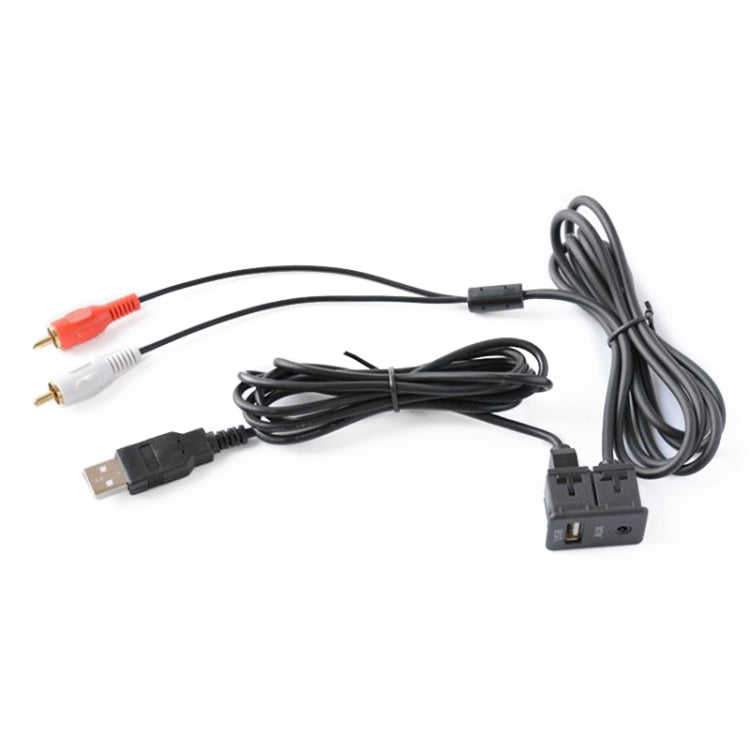 Car USB AUX extension cable with RCA plugs, USB-A connector, and switch module