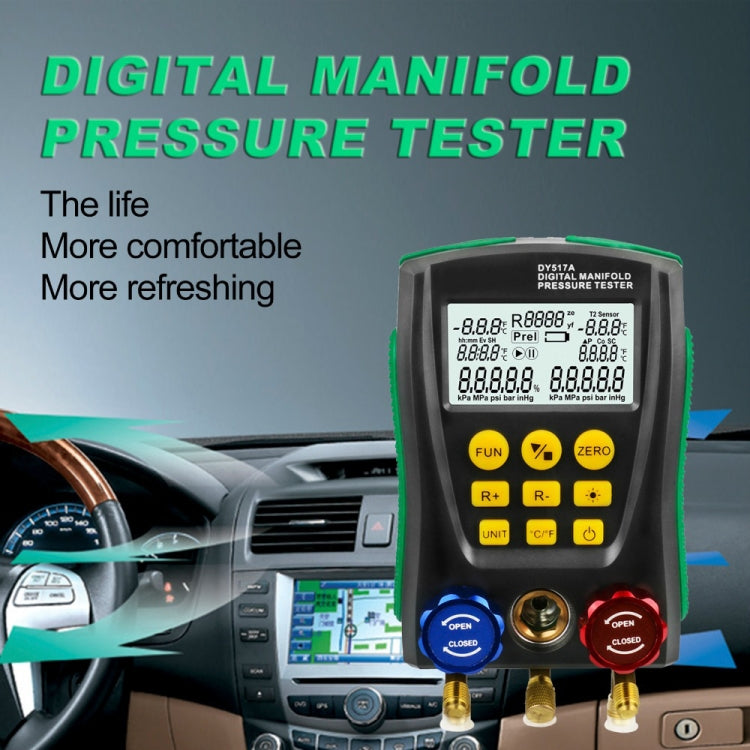 Digital manifold pressure tester with LCD screen, keypad buttons, and LOW/HIGH valve caps