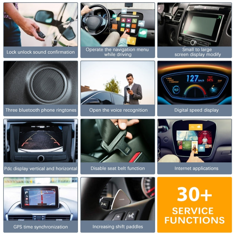 Car infotainment and vehicle feature collage with dashboard and menu screens