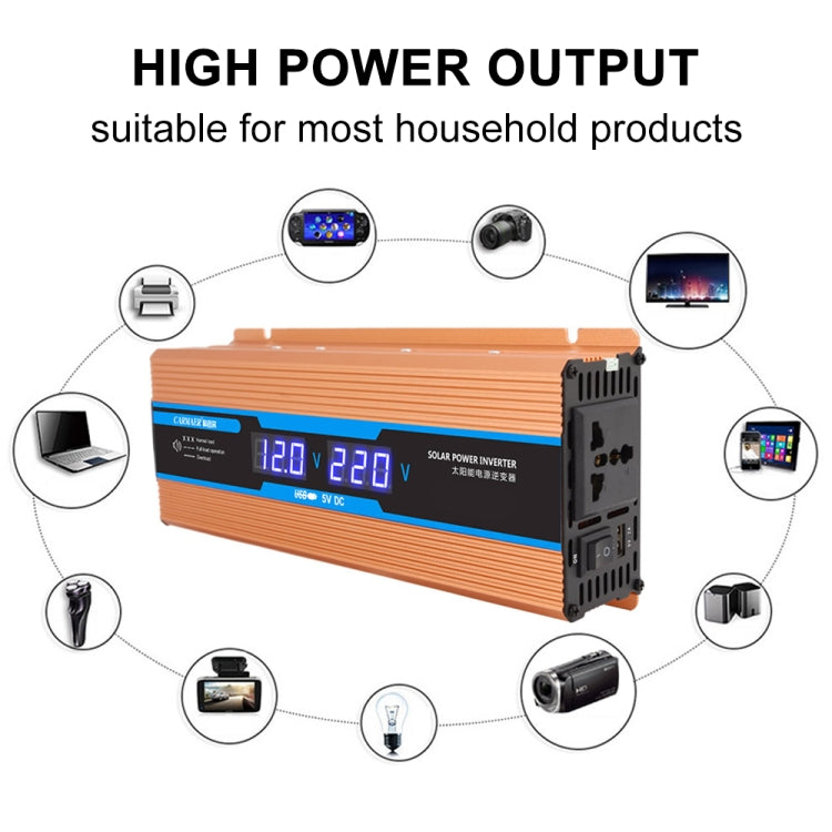 Orange power inverter with blue LCD display and connection interface icons