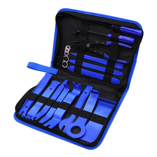 Blue 19-piece car audio disassembly tool kit in open zippered case with metal tools